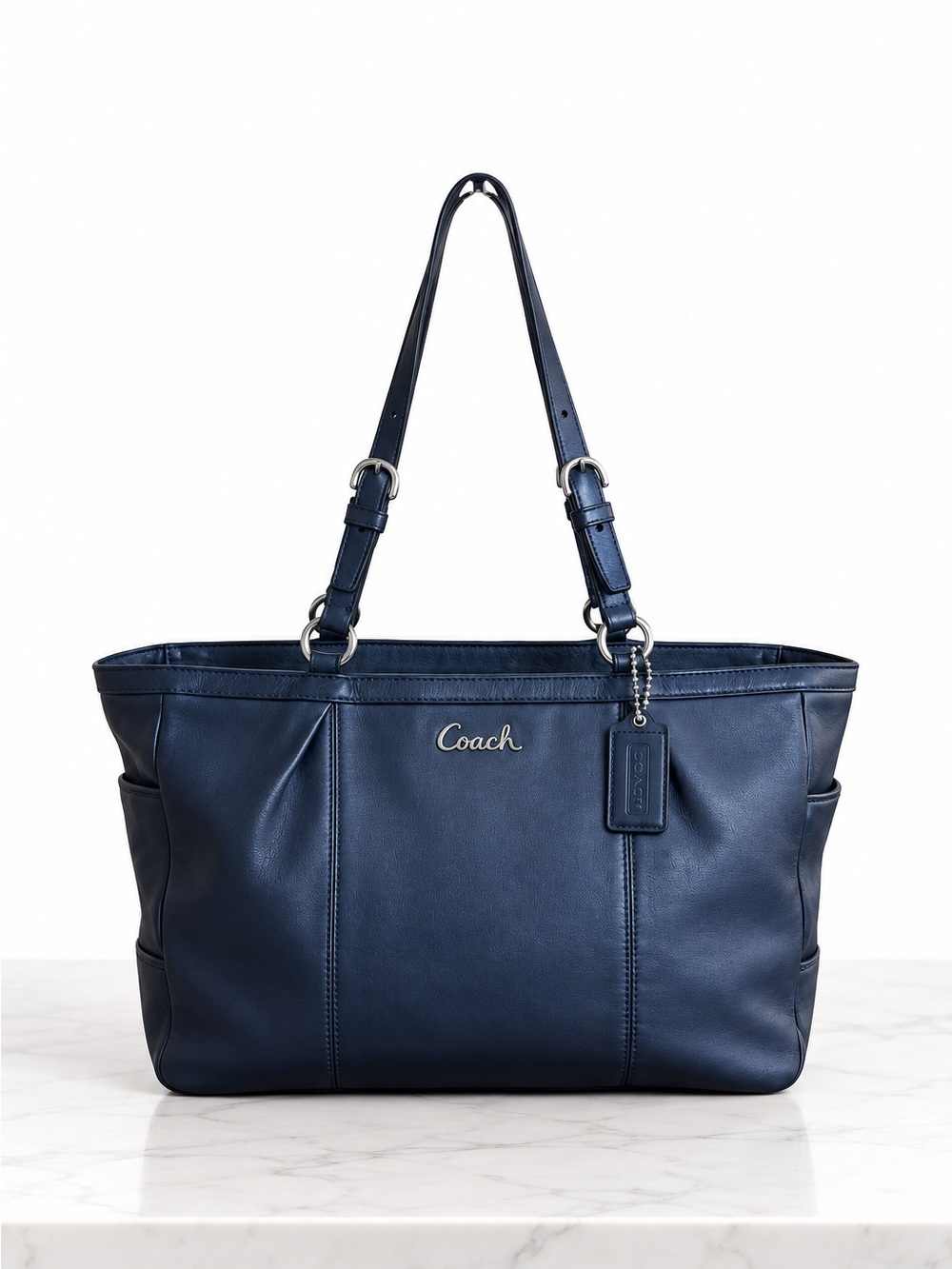 Coach Gallery Navy Blue Leather Tote Bag with Signature Logo